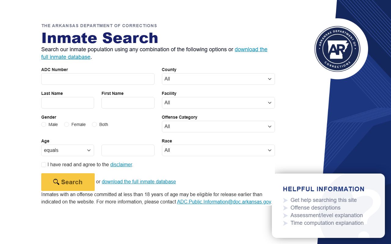 Arkansas DOC Perry County inmate population search fields
