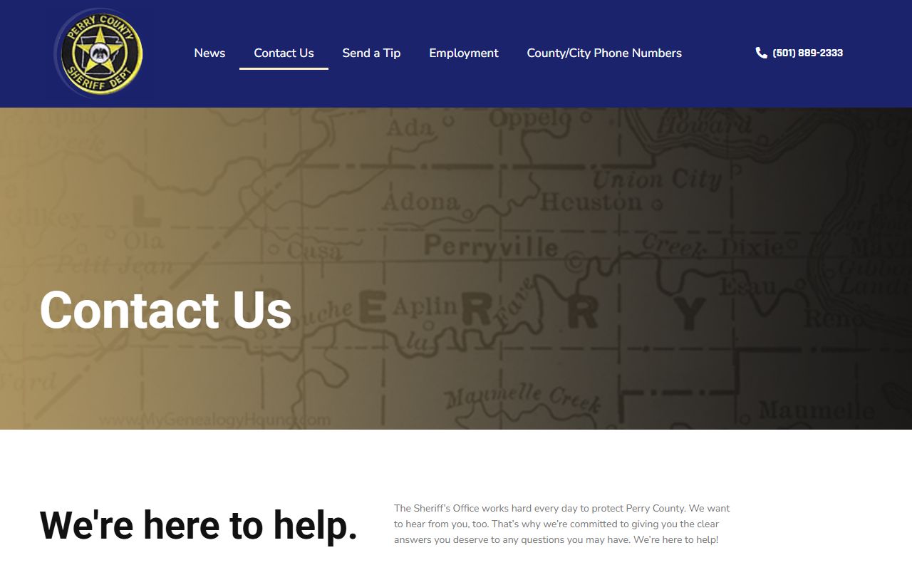 Perry County Sheriff's Office contact page showing the hotline, address, and office hours